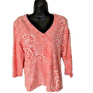 Ruby Rd Top V-Neck 3/4 Sleeve Womens Large L Orange Abstract Print